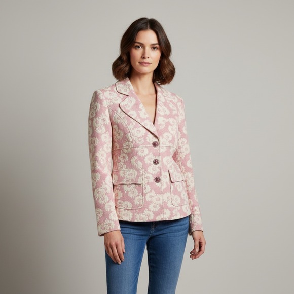 I.C.E. Jackets & Blazers - Womens ICE Pink Floral Gem Button Blazer Jacquard Jacket 4 Coquette Girly Preppy